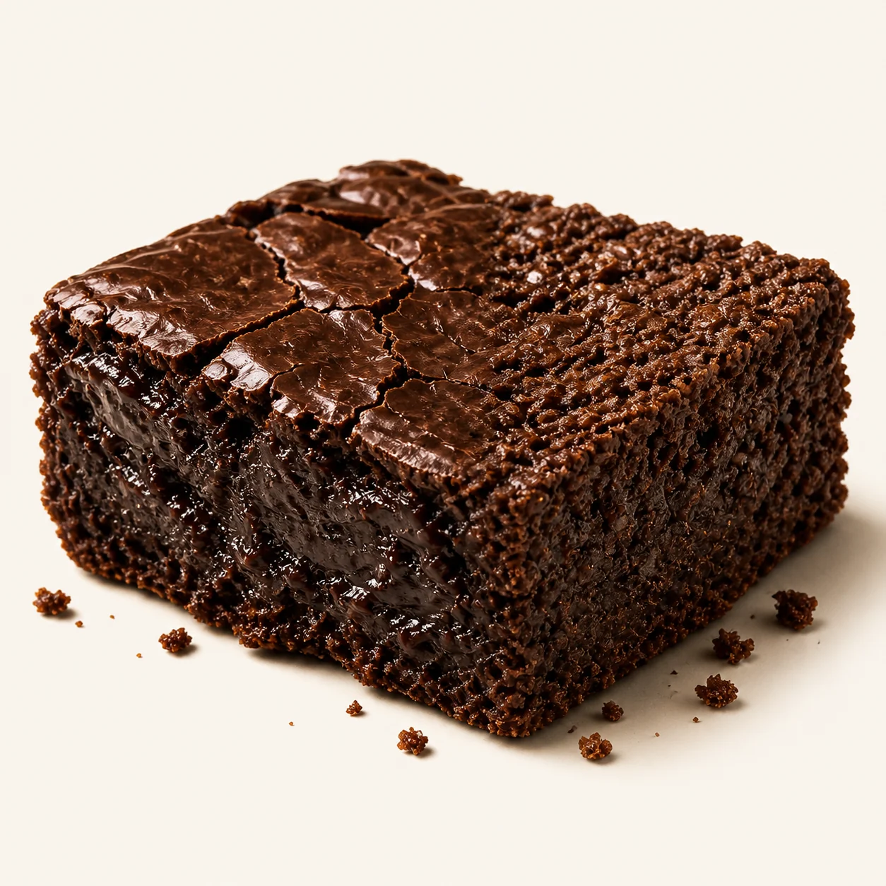 A rich chocolate brownie with a glossy fudgy side and a more structured textured side